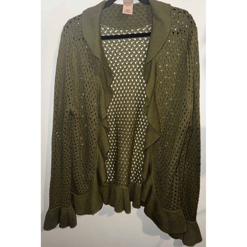 Vtg Y2K Olive Green Ruffle Knit Open Front Cardigan XL 16/18 Boho Hippie Fairy